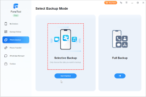 Locate and choose the Phone Backup option > Choose the Selective Backup mode and click the Get Started button