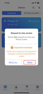 Grant the necessary permissions on your iPhone to authorize screen access